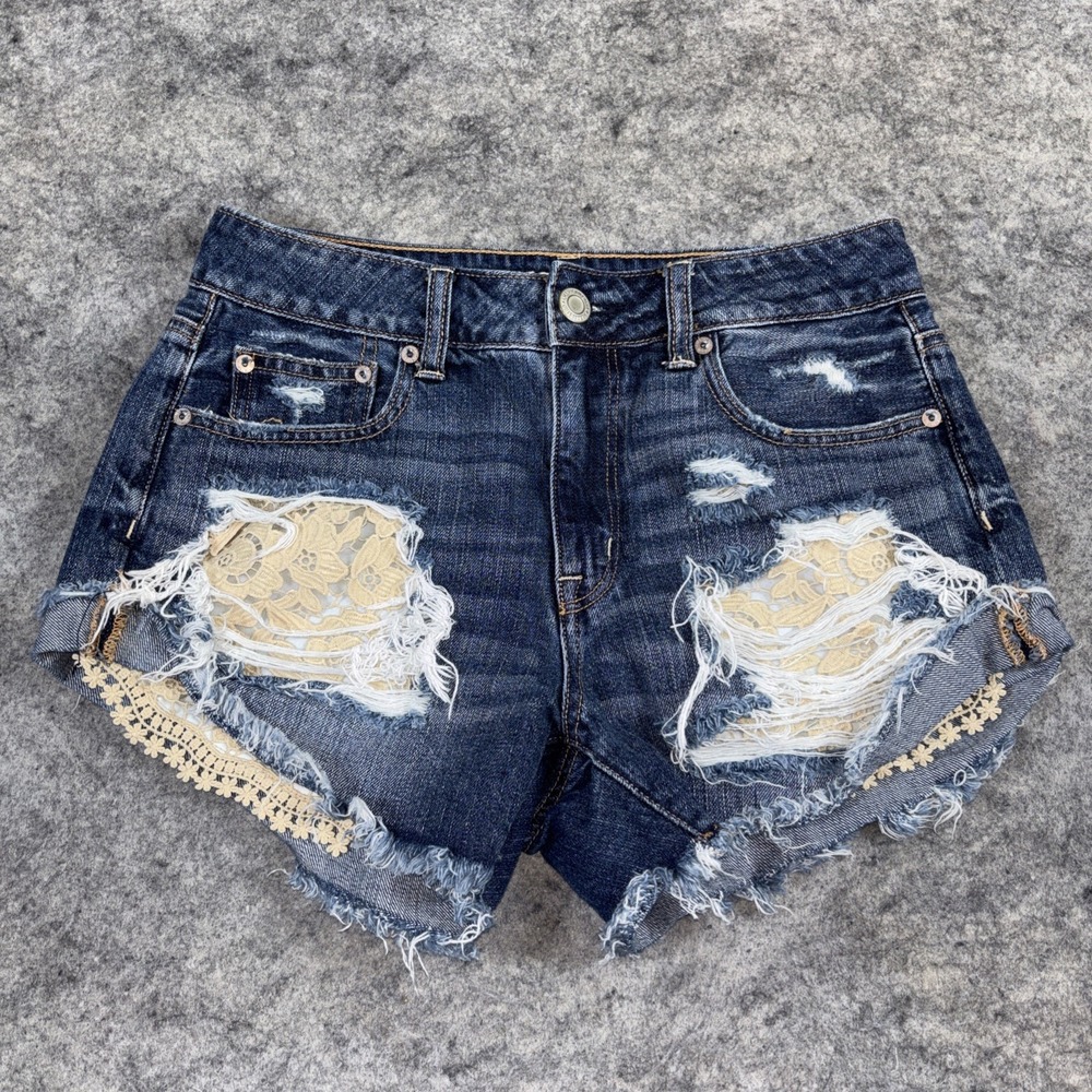 American Eagle Hi-Rise Festival Denim Shorts Women's 6 Distressed Crochet Cute